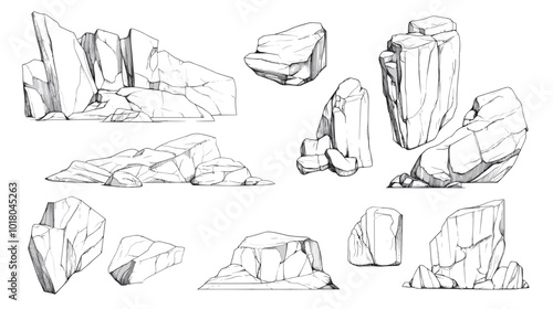 Hand drawn rocks. Gravel stones and boulders sketch. Architectural outline Drawings Pebble piles. Heavy cobblestones and granite rubble. Vector black and white doodle nature elements set