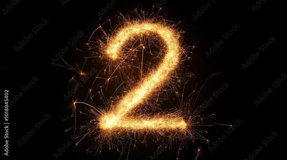 A glowing sparkler shapes the number two against a dark background during a festive celebration A glowing sparkler shapes the number two against a dark background during a festive celebration