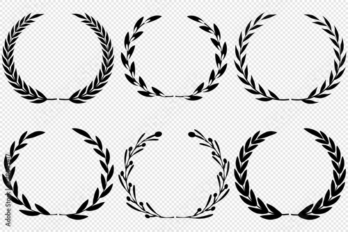 Laurel wreath. Leaf logo, crown with leaves, greek olive award or medal decoration, anniversary plants and flowers black silhouette. Botanical circle frame. Vector icon design