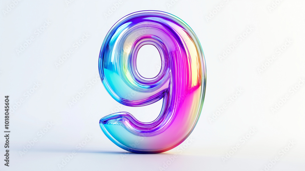 Colorful and translucent 3D number nine displayed against a plain background showcasing vibrant hues and modern design elements Colorful and translucent 3D number nine displayed against a plain background showcasing vibrant hues and modern design elements