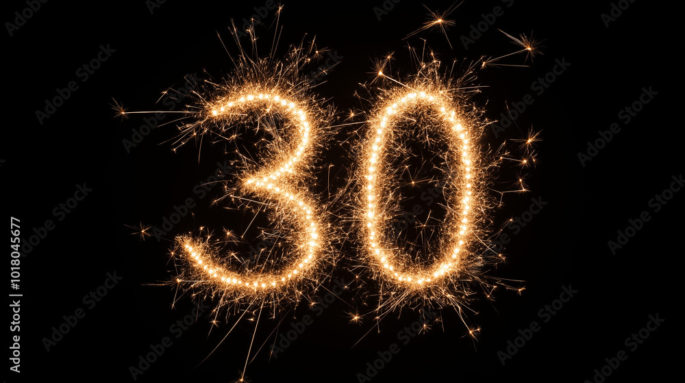 Fireworks sparklers forming the number thirty against a black background during a festive celebration Fireworks sparklers forming the number thirty against a black background during a festive celebration