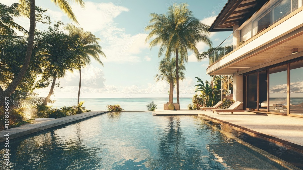 Modern beach villa with a sparkling pool and ocean view, no people. Room for copy on the patio. Modern beach villa with a sparkling pool and ocean view, no people. Room for copy on the patio.