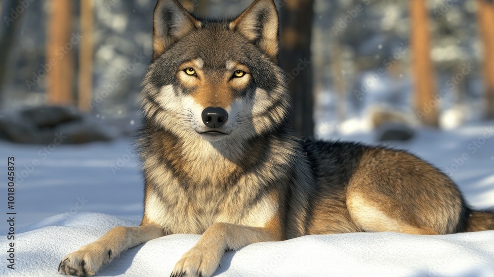 A wolf resting on snow in a serene, snowy forest setting. A wolf resting on snow in a serene, snowy forest setting.