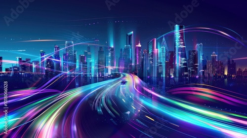 Futuristic Cityscape with Light Trails