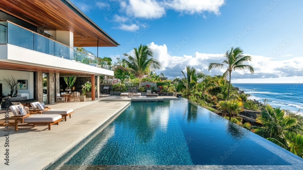 Modern tropical villa with a pool and ocean backdrop, no people. Plenty of copy space available. Modern tropical villa with a pool and ocean backdrop, no people. Plenty of copy space available.