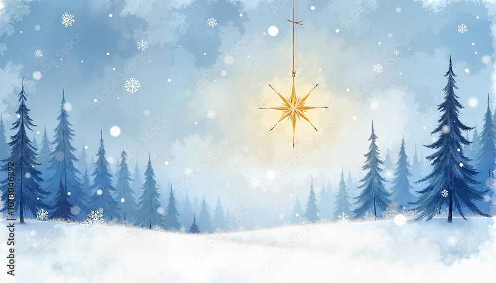 A winter landscape with a glowing star hanging in the blue snowy forest A winter landscape with a glowing star hanging in the blue snowy forest