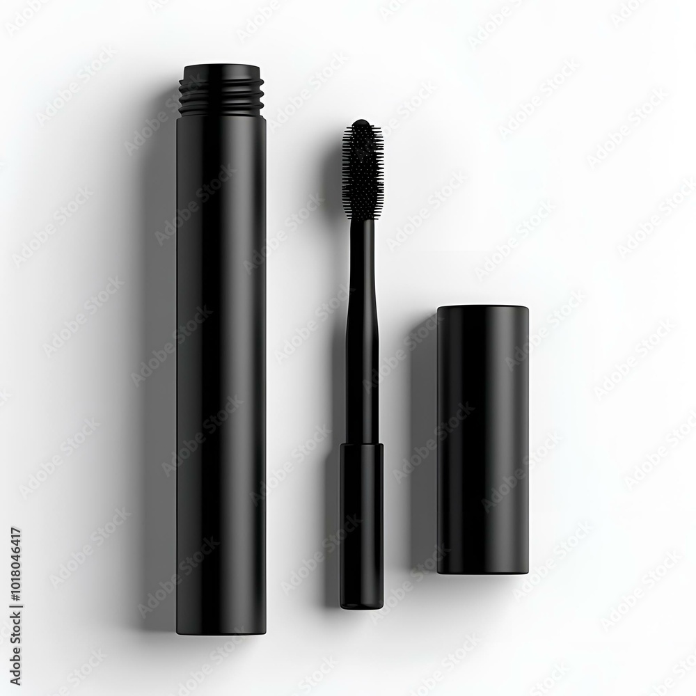 Obraz premium Black mascara tube with applicator on white background, beauty product.