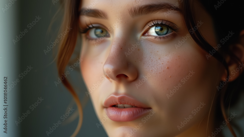 Close-up portrait of a young woman with green eyes and freckles. Close-up portrait of a young woman with green eyes and freckles.