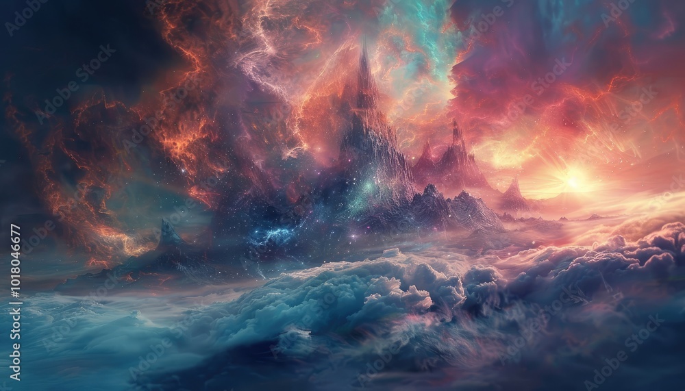 Naklejka premium A Majestic Mountain Range Emerging From a Starry, Gaseous Sky