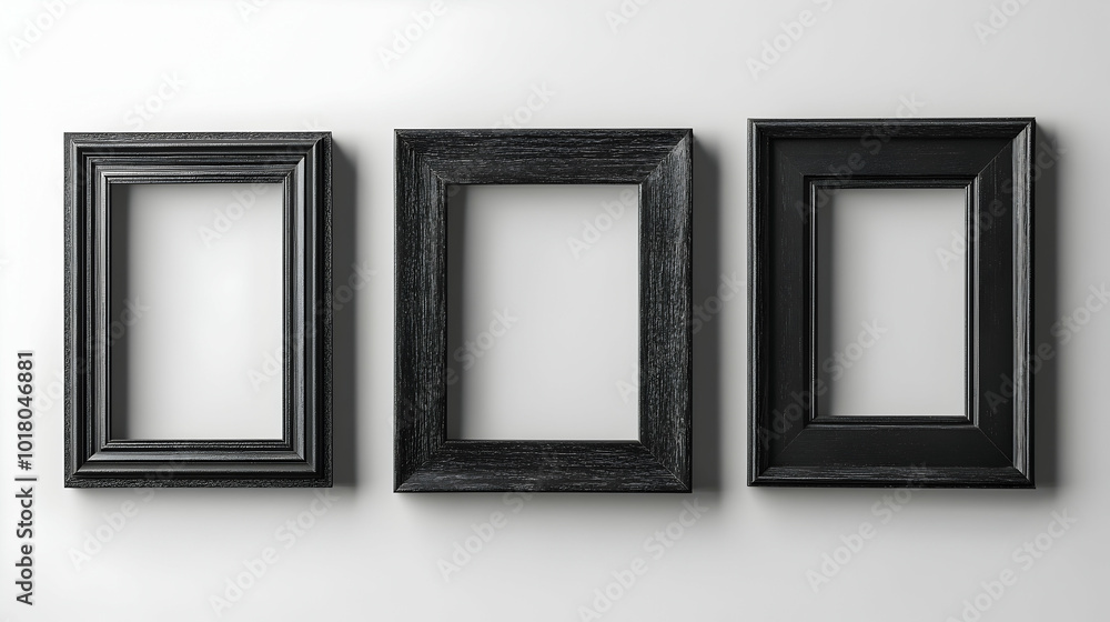 Trio Of Black Wooden Frames On A Clean White Background, Creating A Modern And Sophisticated Display For Various Artworks. Generative AI Trio Of Black Wooden Frames On A Clean White Background, Creating A Modern And Sophisticated Display For Various Artworks. Generative AI