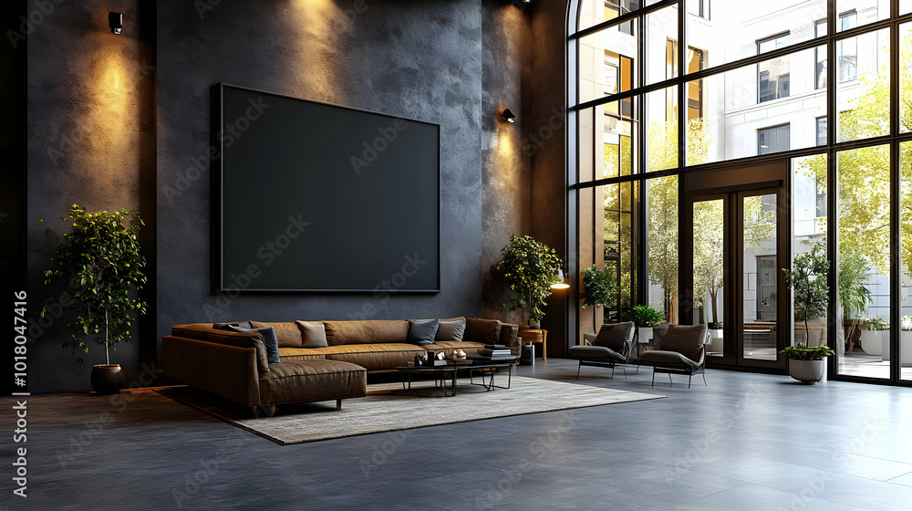 Modern living room with large windows and stylish furniture. Modern living room with large windows and stylish furniture.