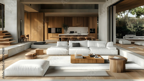 Modern living room with minimalistic design and natural materials.