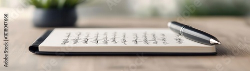 Close-up of a notepad and pen on a wooden surface, perfect for notes, ideas, and inspiration in a modern workspace.