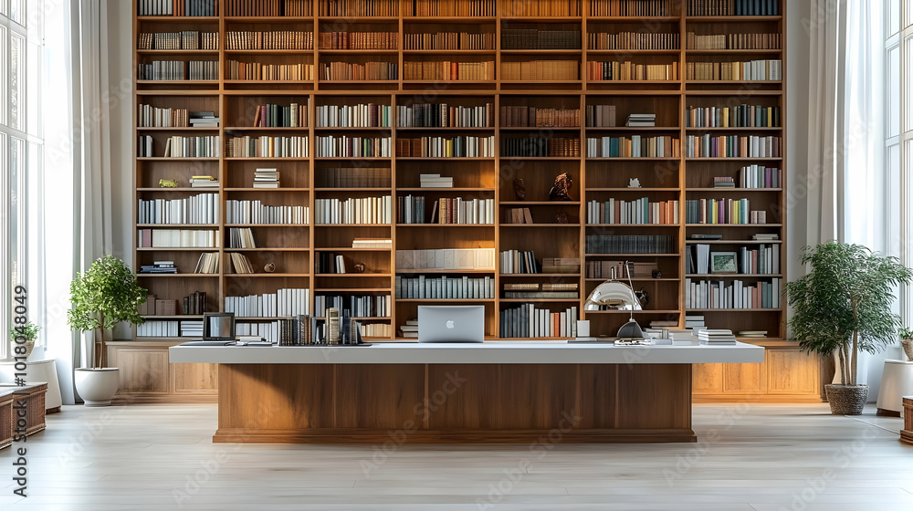 Modern office with a wooden bookshelf and a sleek desk setup. Modern office with a wooden bookshelf and a sleek desk setup.