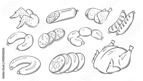 Chicken meat and sausage line icons set. Hand drawn retro raw whole bird, fresh drumsticks and wings, wiener chain and Italian salami. Butchers shop mascots, doodle meat icons vector illustration