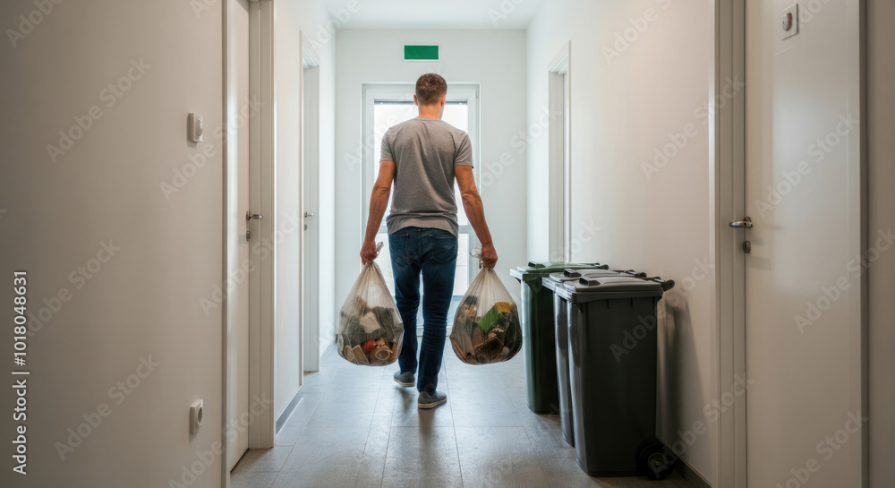 Man taking out trash bags down hallway with bins Man taking out trash bags down hallway with bins