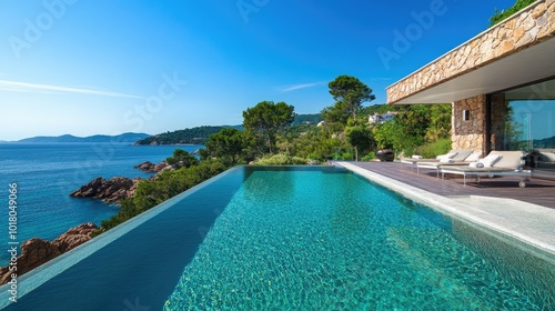 Stunning luxury villa by the beach, with a crystal-clear swimming pool, no people. Copy space available on the deck.