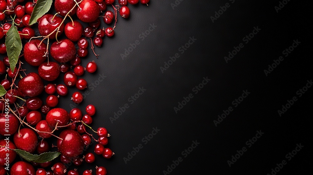 A black background featuring a cluster of cherries with accompanying green foliage, providing space for the word Cherries to be placed A black background featuring a cluster of cherries with accompanying green foliage, providing space for the word Cherries to be placed