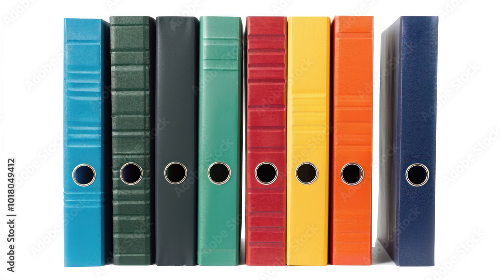 Four colored binders neatly lined up on a wooden desk. Blue, green, red, and yellow binders with white labels on the spine. Four colored binders neatly lined up on a wooden desk. Blue, green, red, and yellow binders with white labels on the spine.