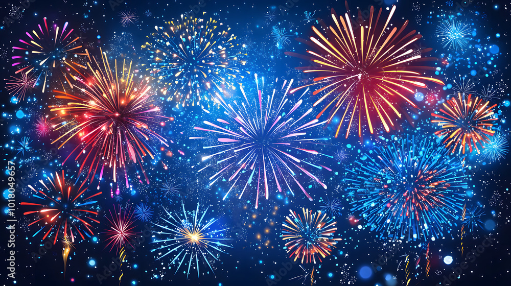 Fototapeta premium Fireworks with Night Sky Background. colourful firework display set for celebration happy new year and merry christmas and fireworks on black background