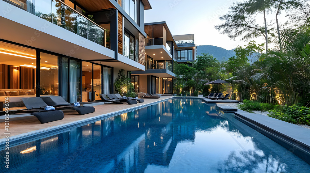 Fototapeta premium Modern villa with a pool surrounded by greenery and mountains.