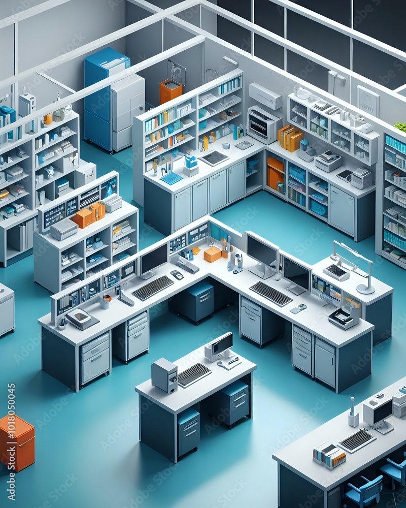Modern office interior design with cubicles, desks and a small conference room, rendered in a low poly style. Modern office interior design with cubicles, desks and a small conference room, rendered in a low poly style.