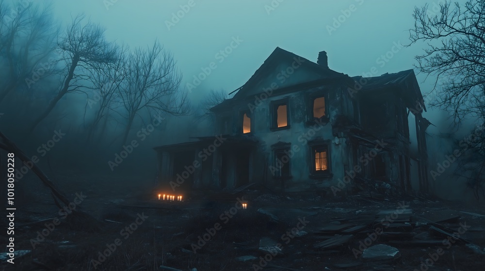 Spooky Abandoned House at Dusk Spooky Abandoned House at Dusk