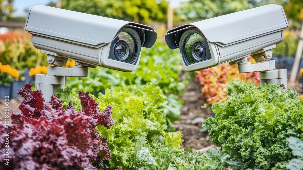 Modern CCTV cameras positioned in a smart agricultural field, tracking crop growth and preventing trespassers. Modern CCTV cameras positioned in a smart agricultural field, tracking crop growth and preventing trespassers.