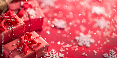 Red Christmas or New Year Background Decoration. Flat lay top view gift boxes, chic  embellishments, red and gold balls, snowflakes on red surface ready for your festive text