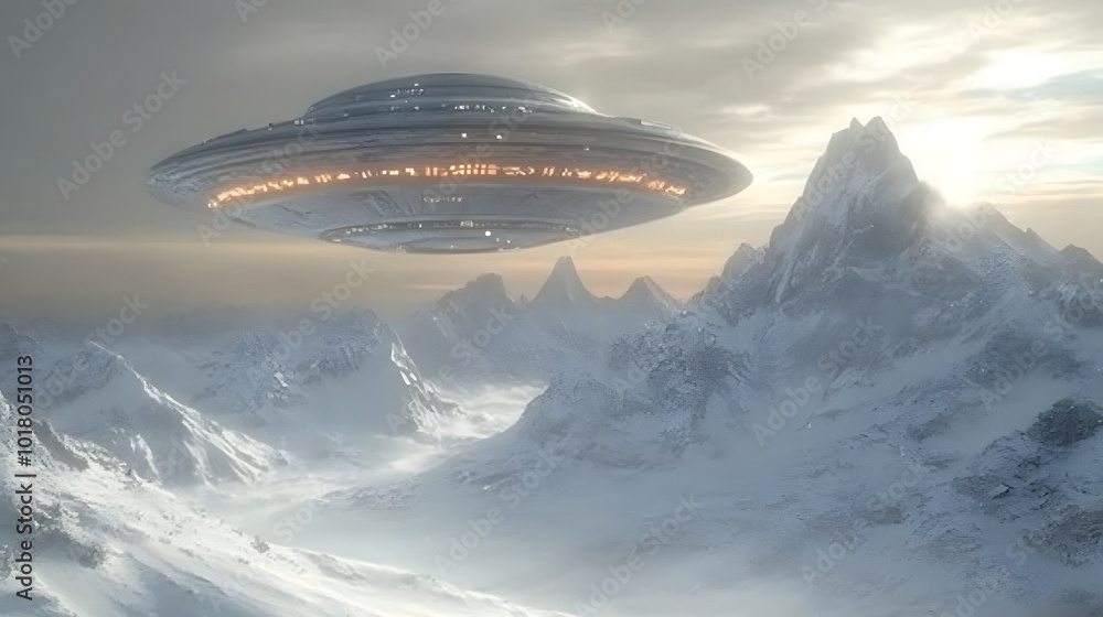 A silver metallic UFO gliding effortlessly over a breathtaking landscape of snow-capped mountains. The futuristic spacecraft contrasts sharply with the serene, natural beauty of the mountains, creatin A silver metallic UFO gliding effortlessly over a breathtaking landscape of snow-capped mountains. The futuristic spacecraft contrasts sharply with the serene, natural beauty of the mountains, creatin