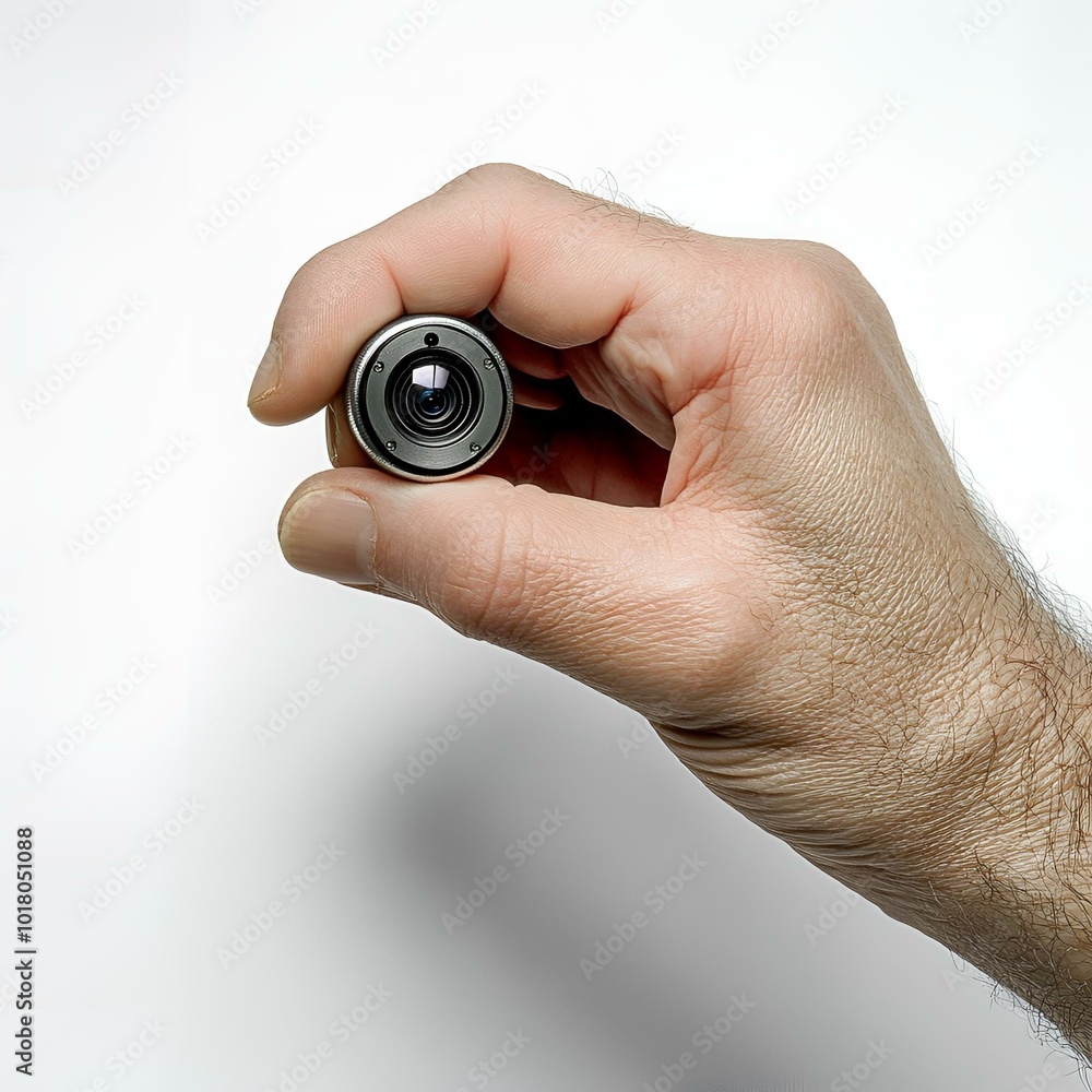 Hand holding a small camera lens on white background. Hand holding a small camera lens on white background.