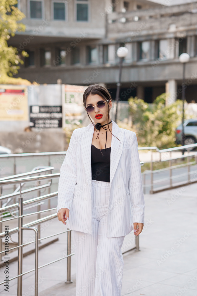 Obraz premium Stylish Woman in Striped Suit and Sunglasses Walking Outdoors