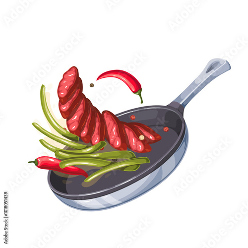 Beef slices, chili peppers and green beans falling on cartoon pan. Flying and tossing grilled meat and vegetables ingredients on kitchen skillet. Culinary mascot, cartoon hot pan vector illustration