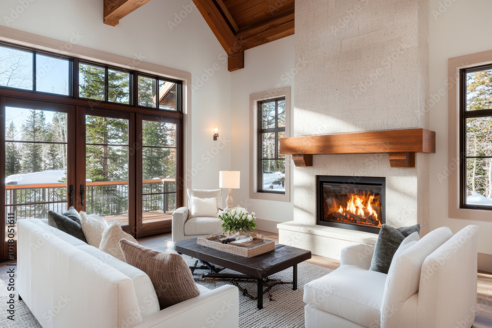 Bright and cozy living room with a fireplace and comfortable white furniture Bright and cozy living room with a fireplace and comfortable white furniture