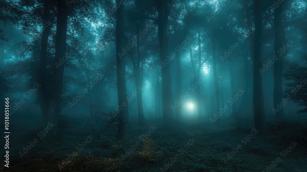 Fototapeta premium Mystical forest with ethereal fog at night