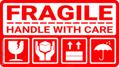 sticker fragile handle with care, red fragile warning label with broken glass symbol, this side up sign, keep dry and avoid liquid sign.