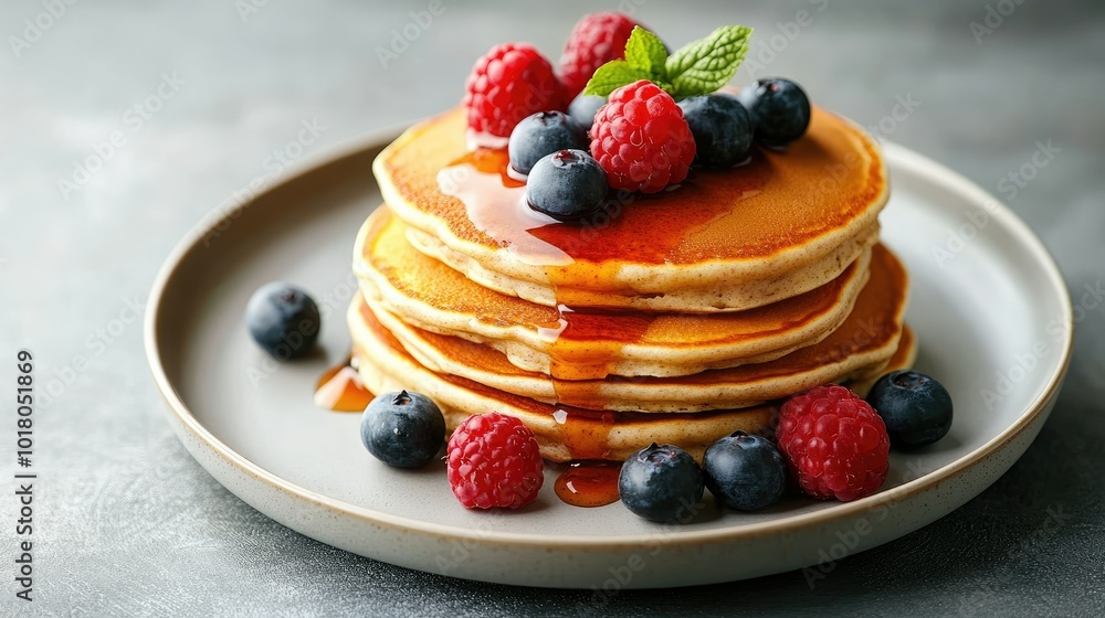 A plate of homemade whole-grain pancakes with fresh berries for kids. Copy space on the side. A plate of homemade whole-grain pancakes with fresh berries for kids. Copy space on the side.