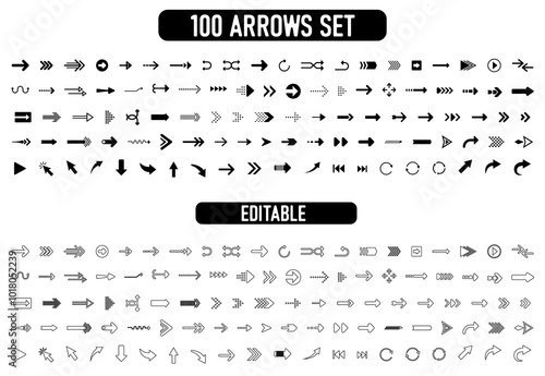 Set 100 black arrows for web design. Arrows vector icon. Arrow icon. Set of big black vector arrows. Cursor, Click. Arrow icon pack