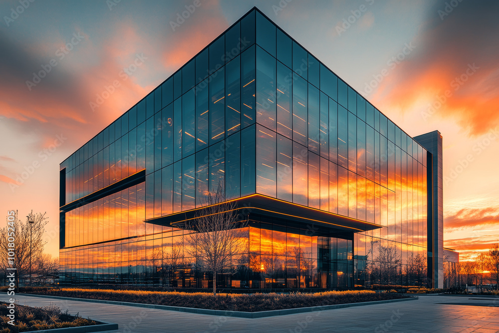 Modern glass building with sunset reflected in the windows. Modern glass building with sunset reflected in the windows.