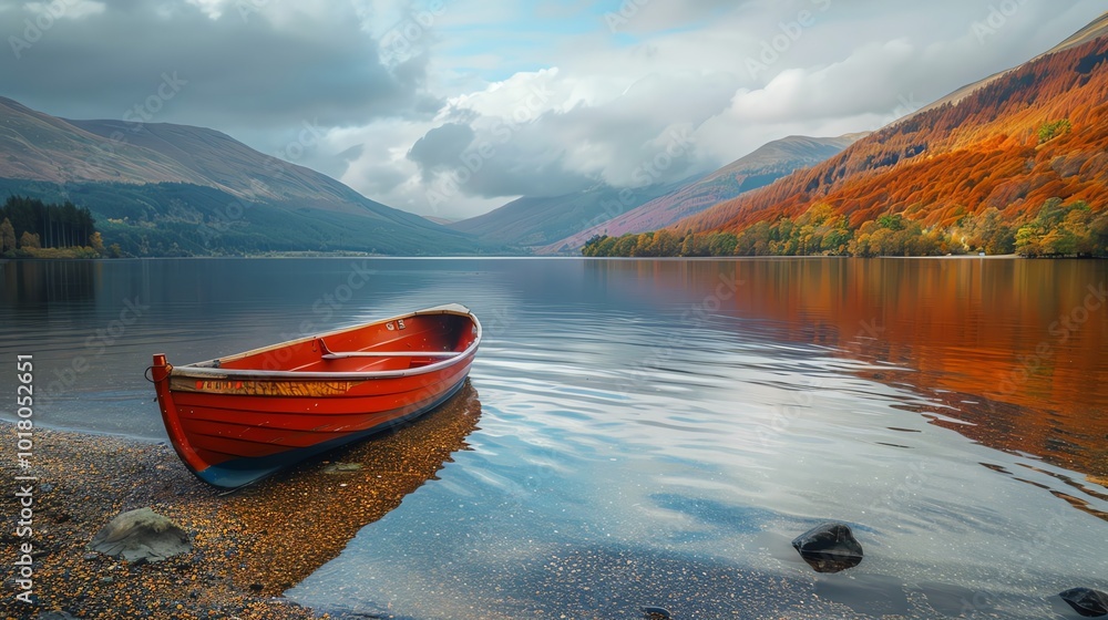 A red rowboat sits on the shore of a lake, with mountains and colorful autumn foliage in the background. A red rowboat sits on the shore of a lake, with mountains and colorful autumn foliage in the background.