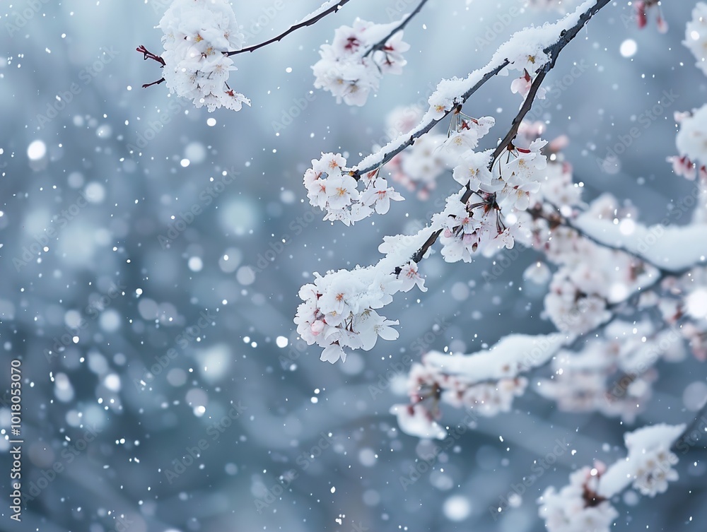 Cherry Blossoms in Winter Snowfall - A Delicate Beauty Cherry Blossoms in Winter Snowfall - A Delicate Beauty