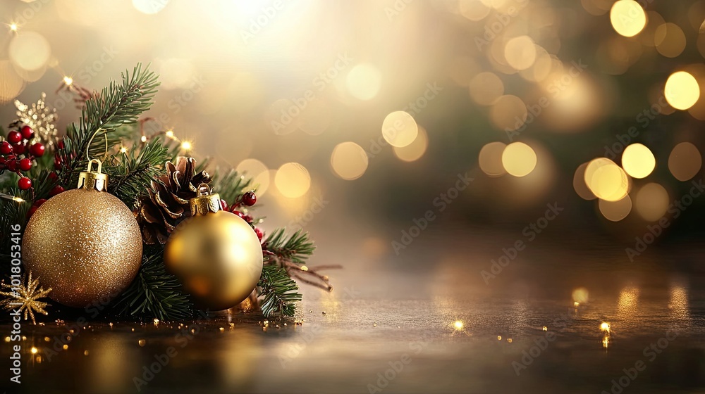Christmas background with golden ornaments and bokeh lights. Copy space on the side. Christmas background with golden ornaments and bokeh lights. Copy space on the side.