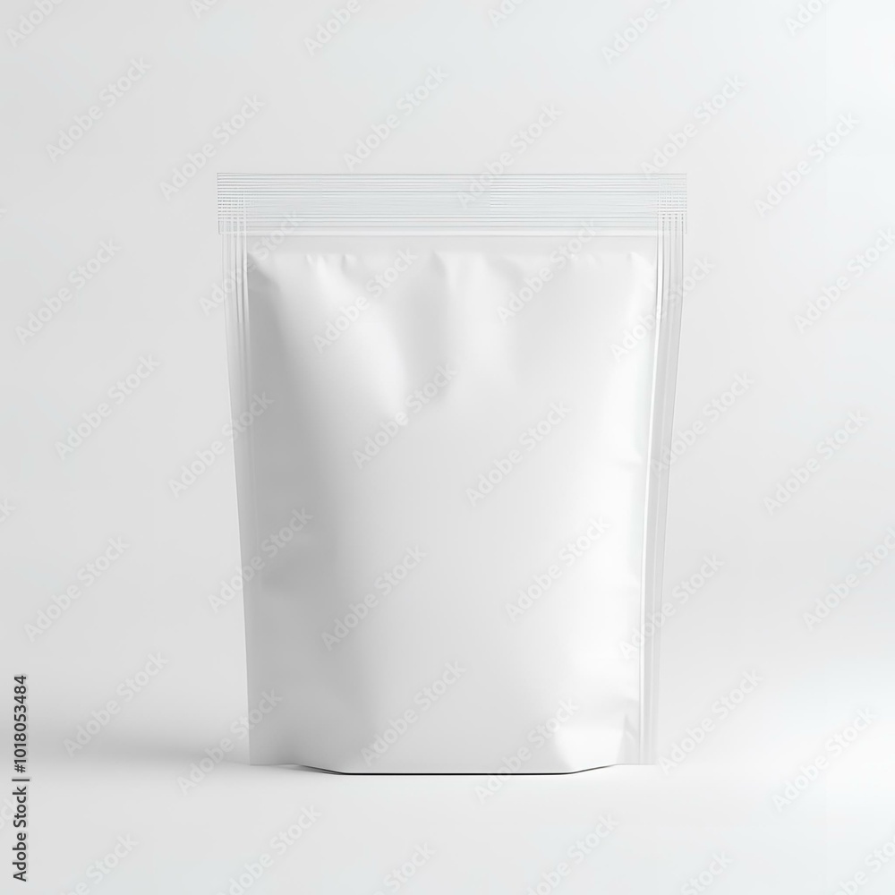 Minimalistic silver foil pouch on reflective white surface. Minimalistic silver foil pouch on reflective white surface.
