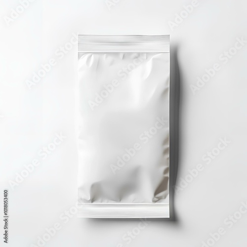 Minimalistic silver foil pouch on reflective white surface.