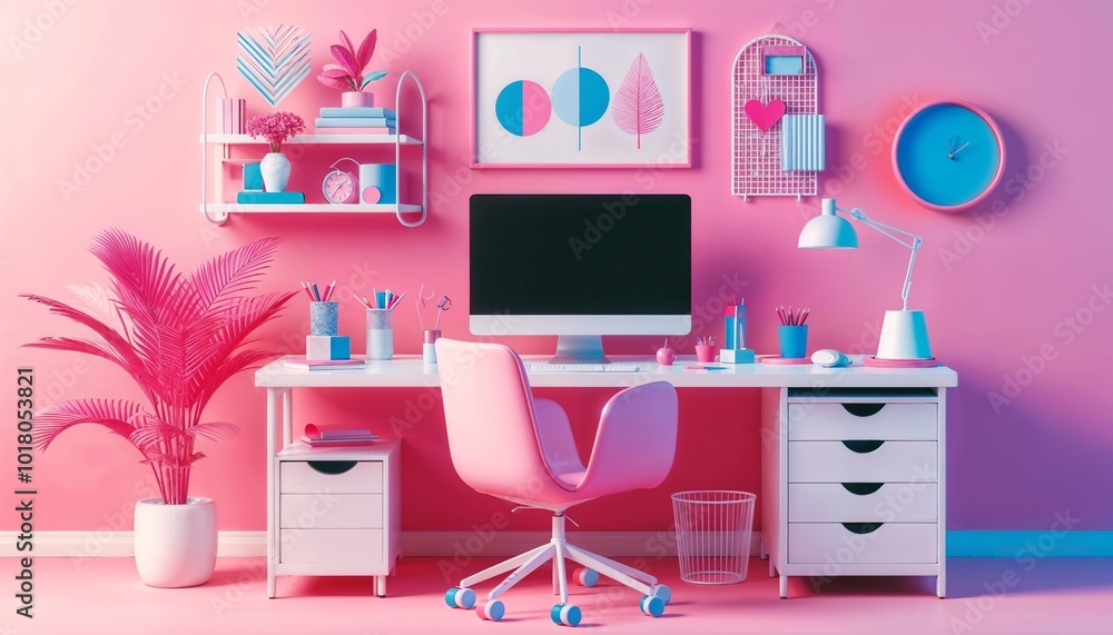 Colorful Modern Desk Setup in Pink Pastel Home Office
A bright and modern home office desk setup in pink pastel tones, with stylish decor and a feminine, vibrant aesthetic, ideal for creative workspac Colorful Modern Desk Setup in Pink Pastel Home Office
A bright and modern home office desk setup in pink pastel tones, with stylish decor and a feminine, vibrant aesthetic, ideal for creative workspac