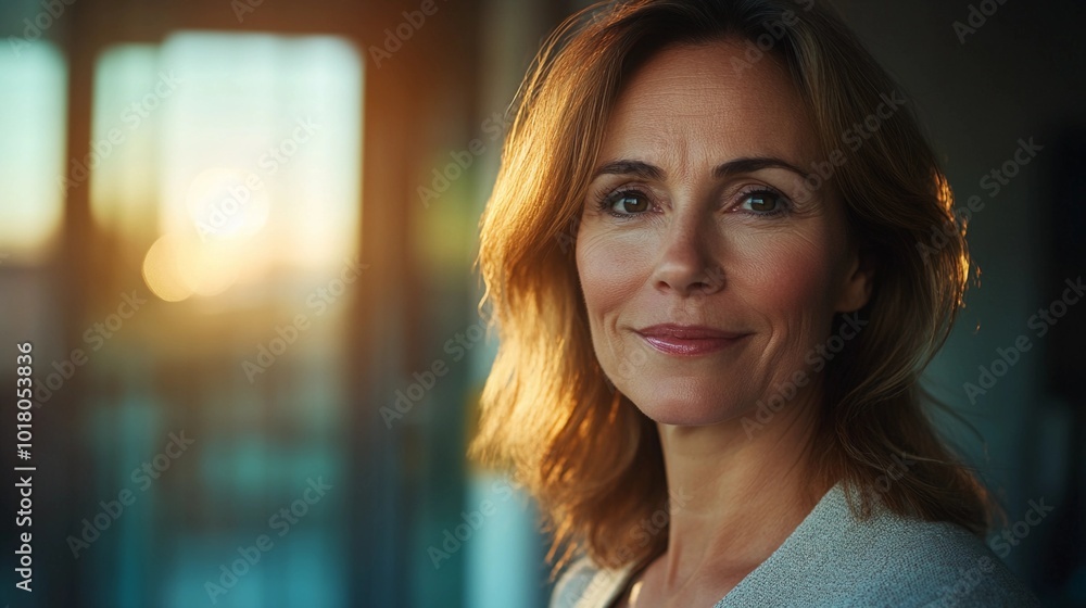 portrait of a confident middle-aged woman, warm light on her face, friendly and professional atmosphere, modern office background, poised and approachable portrait of a confident middle-aged woman, warm light on her face, friendly and professional atmosphere, modern office background, poised and approachable