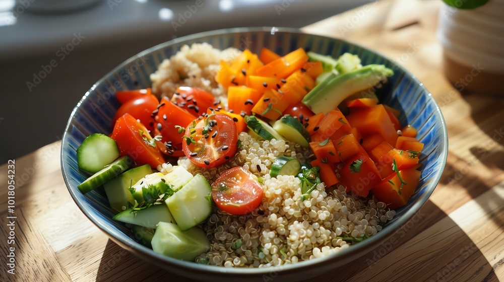 A bowl of quinoa with tomatoes, cucumber, avocado and a few sesame seeds. A bowl of quinoa with tomatoes, cucumber, avocado and a few sesame seeds.