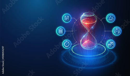 Hourglass abstract geometric illustration made of neon particles. Digital art of sand glass watches with lineart icons on topic of business time management