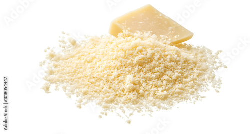 Parmesan cheese grated isolated on white, top view