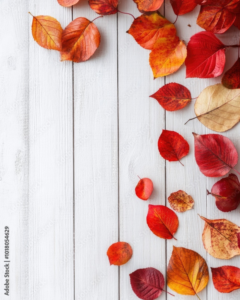 Fototapeta premium Autumn still life composition with harvest leaves on white wooden surface for seasonal promotions and holiday greeting card mockup